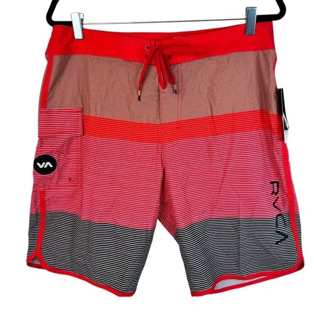 RVCA Commander Trunks 34 Red Black Stripe Boardshorts Performance Stretch NWT